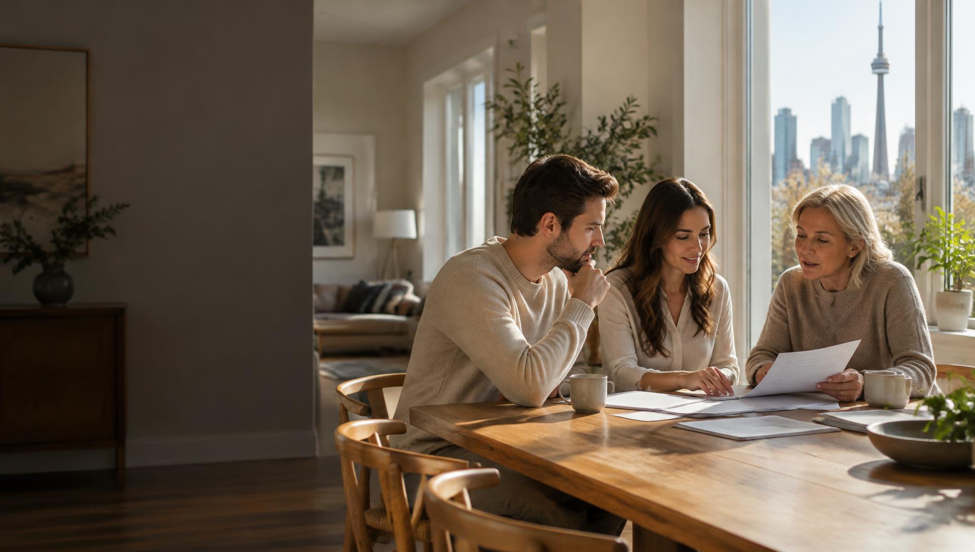 A family having a thoughtful conversation around their dining table in Toronto